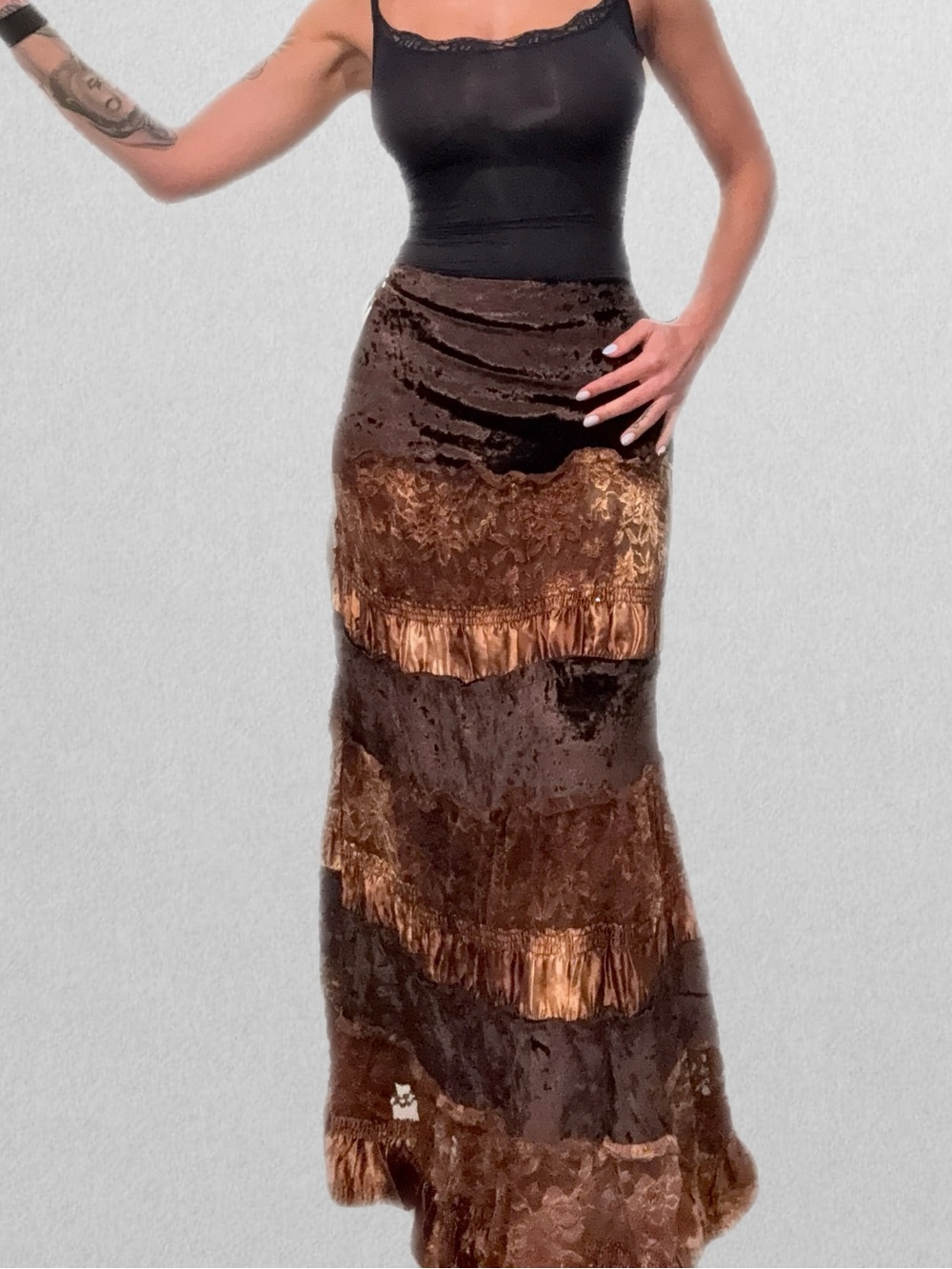 Brown Tiered Velvet Maxi Skirt - Women's Elegant Evening Skirt